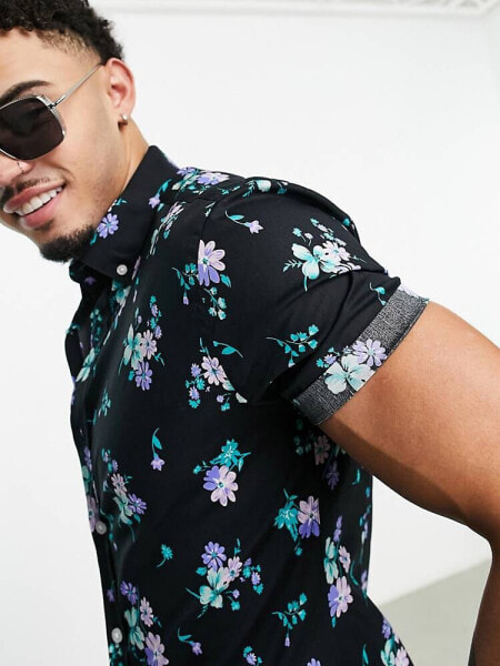 ASOS DESIGN stretch skinny shirt in black and blue floral print