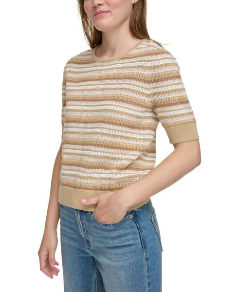 Women's Cotton Textured Stripe Elbow-Sleeve Sweater