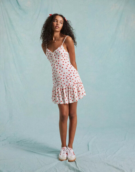 Miss Selfridge strappy button through mini sundress in cream polka dot