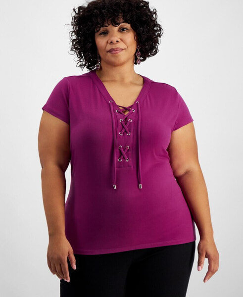 Plus Size Lace-Up-Neck Short-Sleeve Top, Created for Macy's