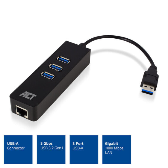 ACT USB Hub 3.2 3x USB-A ethernet zwart
