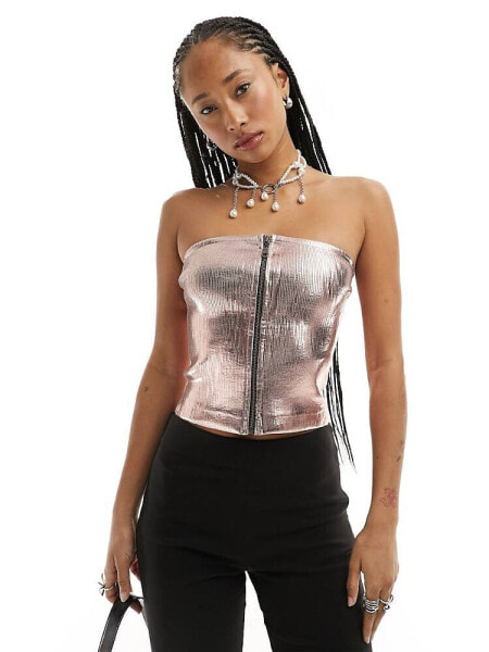 Basic Pleasure Mode metallic ribbed bandeau top in pink foil