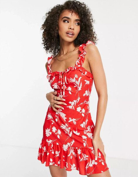 Parisian frill strap mini dress in red floral