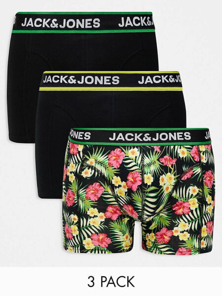 Jack & Jones 3 pack trunks with floral print in black