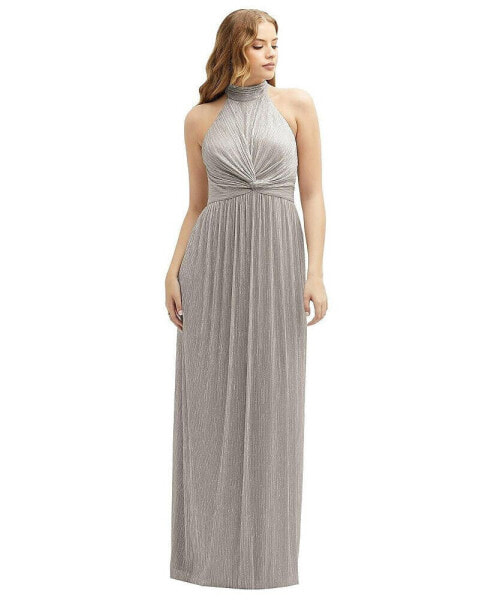 Women's Band Collar Halter Open-Back Metallic Pleated Maxi Dress