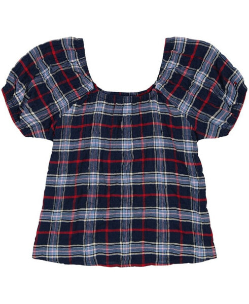 Big Girls Seersucker Plaid Puff Sleeve Top