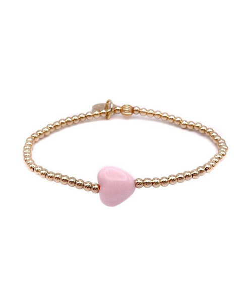 Non-Tarnishing Gold filled, 3mm Gold Ball and Pink Heart Stretch Bracelet