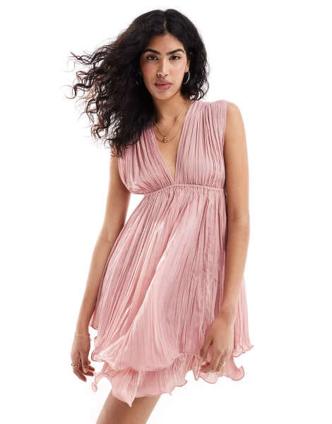 ASOS DESIGN plunge pleated mini skater dress in dusky pink