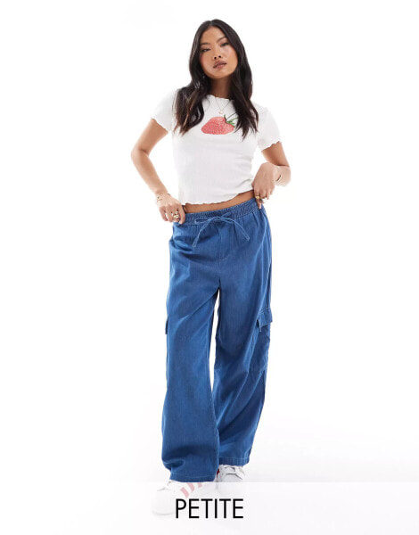 ONLY Petite Marla wide leg denim cargo trousers in mid blue