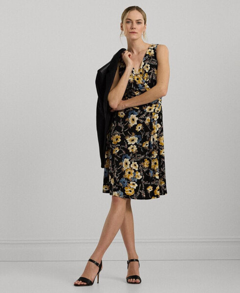 Women's Floral Surplice Jersey Sleeveless Dress