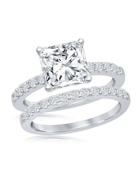 Sterling Silver Princess-Cut Half CZ Band Engagement Ring Set