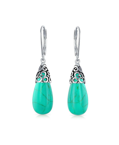 Western Style Gemstone Stabilized Turquoise Elongated Teardrop Filigree Lever Back Dangle Earrings For Women.925 Sterling Silver