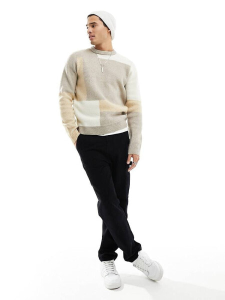 Only & Sons knitted crew neck jumper in tonal block patterm