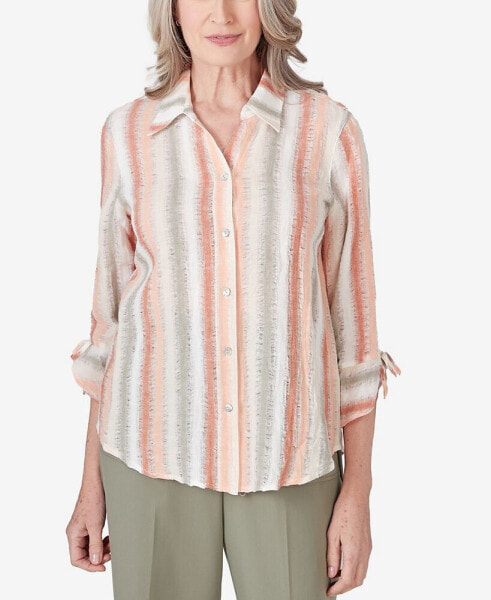 Women's Tuscan Sunset Striped Textured Button Down Top