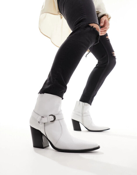 ASOS DESIGN heeled boot in white leather with buckle detail