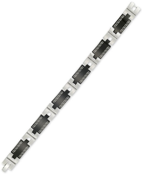 Greek Key Pattern Link Bracelet in Stainless Steel & Black Ion-Plate