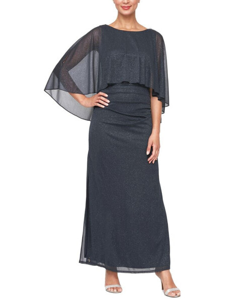 Women's Sparkle Mesh Capelet Ruched Gown