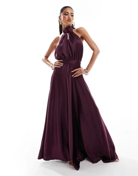 True Violet satin halter neck maxi dress in midnight plum