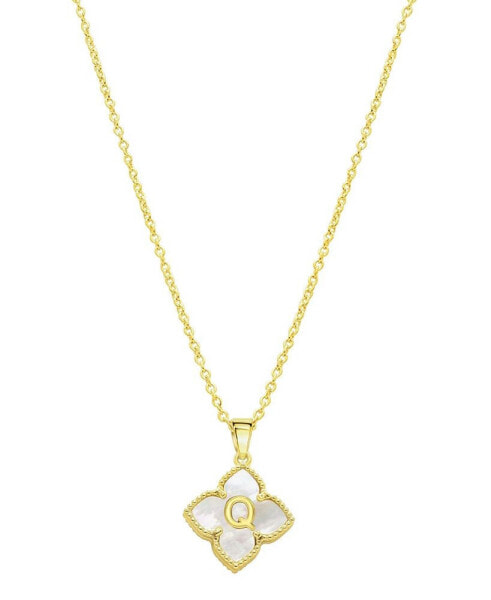 14K Gold-Plated White Mother-of-Pearl Initial Floral Necklace