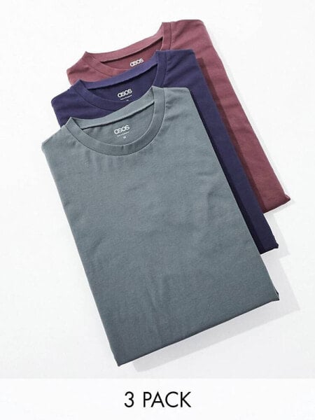 ASOS DESIGN 3 pack t-shirt with crew neck in navy, brown and grey