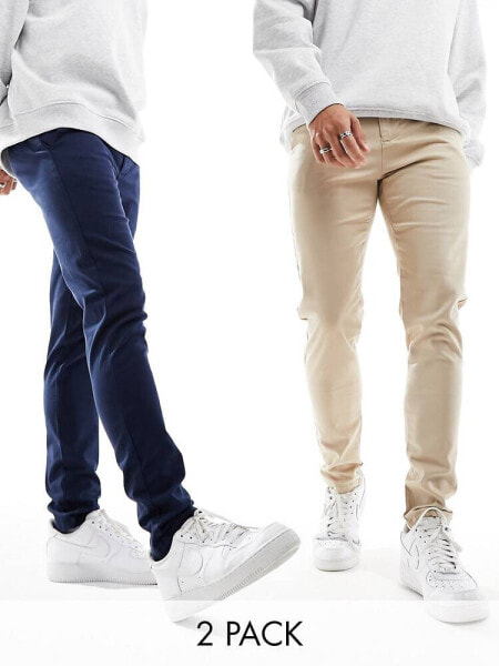 ASOS DESIGN 2 pack skinny chinos in navy and stone