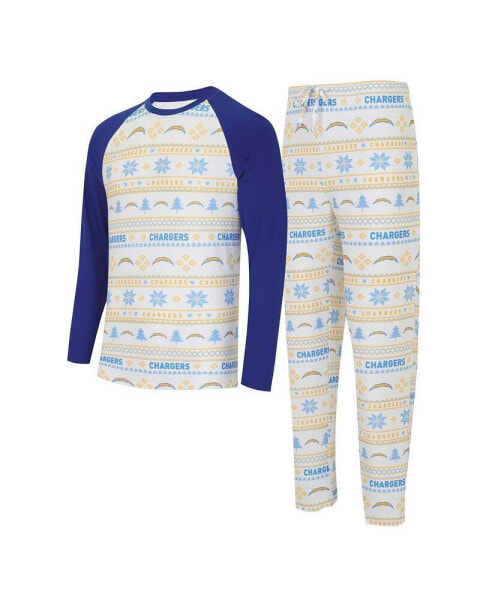 Men's White, Powder Blue Los Angeles Chargers Tinsel Raglan Long Sleeve T-shirt and Pants Sleep Set