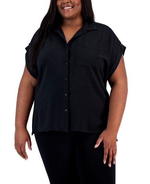 Plus Size Button-Down Rolled-Cuff Pocket-Front Top