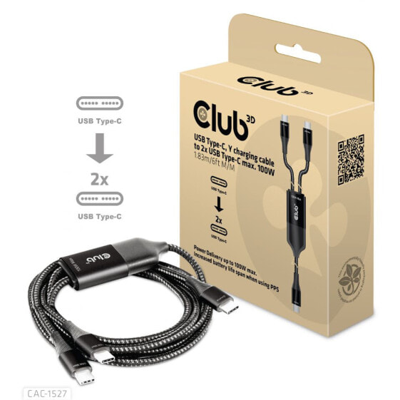 Club 3D USB Type-C, Y charging cable to 2x USB Type-C max. 100W, 1.83m/6ft M/M, 1.83 m, USB C, 2 x USB C, Black