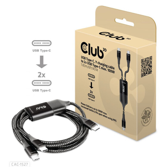 Club 3D USB Type-C - Y charging cable to 2x USB Type-C max. 100W - 1.83m/6ft M/M - 1.83 m - USB C - 2 x USB C - Black