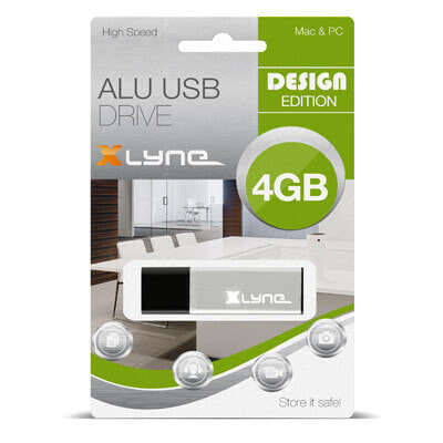 Xlyne ALU - 4 GB - USB Type-A - 2.0 - Cap - 7 g - Black,Silver