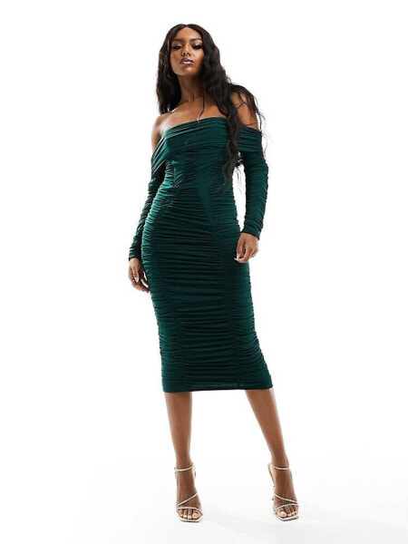 Jaded Rose panelled corset ruched midi dress in emerald