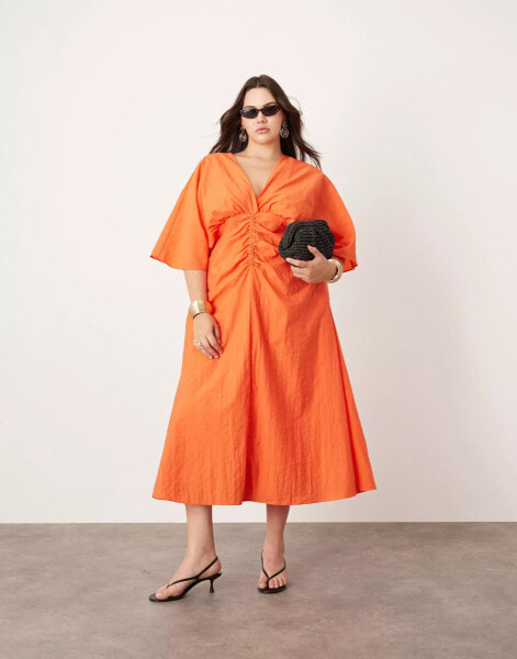 ASOS EDITION Curve textured wide sleeve midi dress with ruched waist in orange