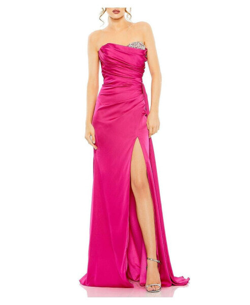 Women's Strapless Embellished Sweetheart Neckline Satin Gown