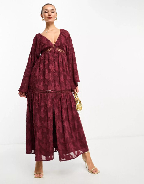 ASOS DESIGN burnout v neck batwing midi dress with button through detail in burgundy