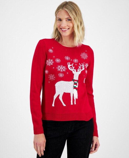 Women's Sequined Reindeer Crewneck Sweater, Created for Macy's