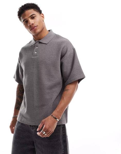 Selected Homme oversized boucle polo shirt in grey