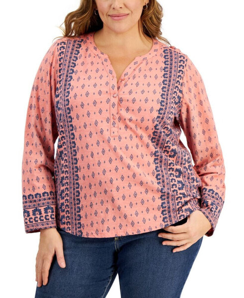 Plus Size Printed Split-Neck Top, Created for Macy's