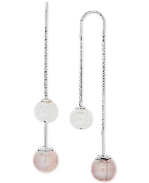 Gray and White Cultured Freshwater Pearl (8mm) Threader Earrings in Sterling Silver (Also Available in Blush and White)