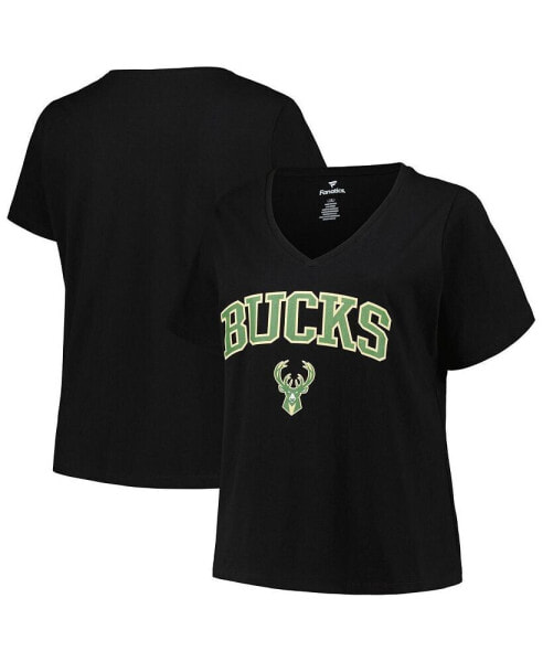 Women's Black Milwaukee Bucks Plus Size Arch Over Logo V-Neck T-shirt