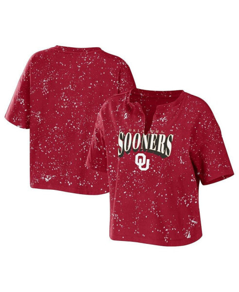 Women's Crimson Oklahoma Sooners Bleach Wash Splatter Cropped Notch Neck T-shirt