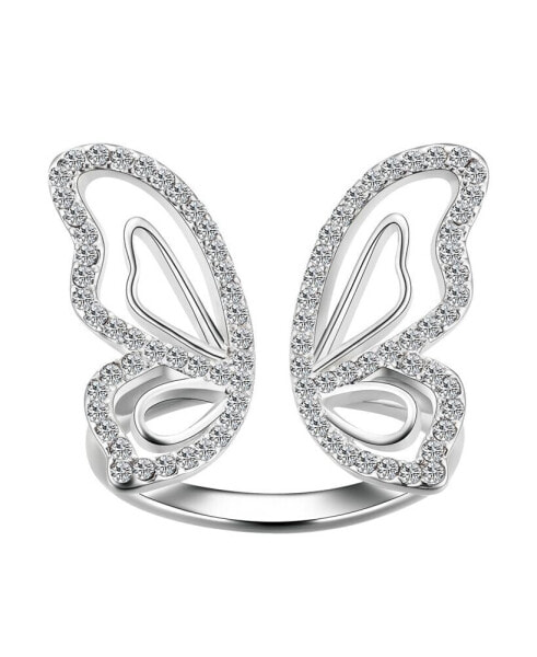 Crystal Open Butterfly Ring in Silver Plate or Gold Flash Plate