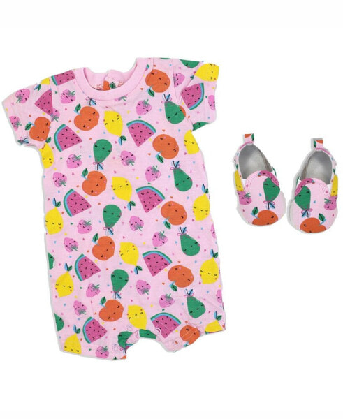 Baby Girls Fruity Short Sleeved Romper and Shoes, 2 Piece Set