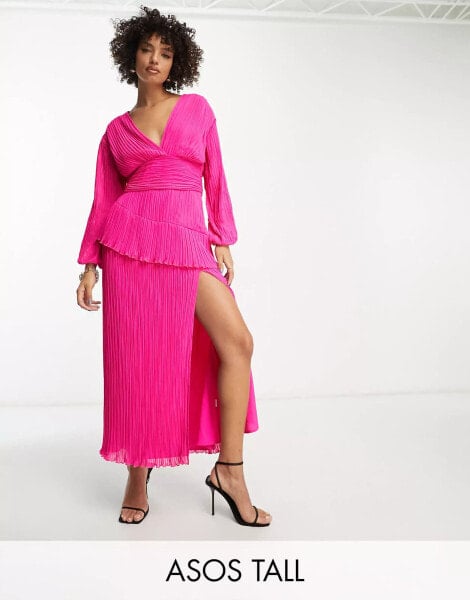 ASOS DESIGN Tall pleated midi dress with a belt in bright pink