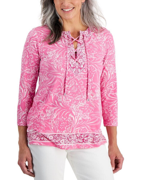 Petite Mixed-Print Lace-Up Knit Tunic, Created for Macy's