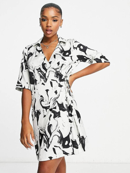 Monki satin mini wrap dress in white and black marble print