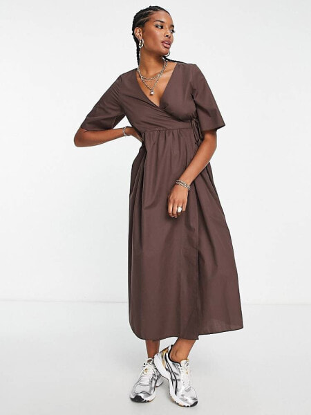 ASOS DESIGN wrap smock midi dress in chocolate