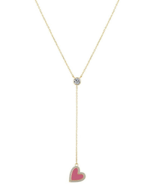 14K Gold Flash-Plated Brass Cubic Zirconia Pink Heart Y-Necklace with Extender