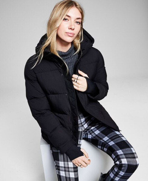 Women's Hooded Thumbhole-Cuff Puffer Coat