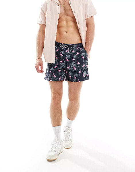 Jack & Jones swim shorts with flamingo print in navy