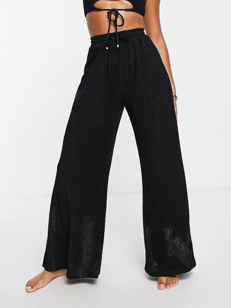 South Beach oversized metallic beach trouser in black 